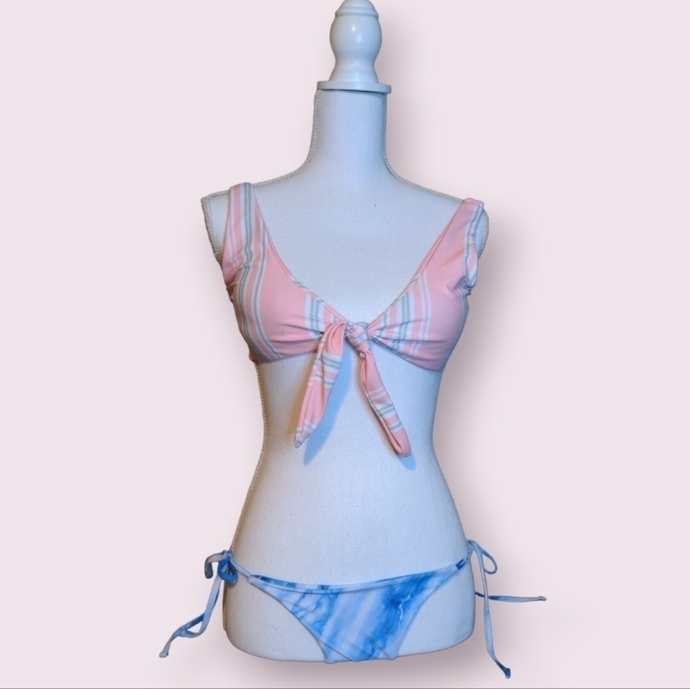 ZAFUL STRING BIKINI Cropped FRONT TIE BARBIE Pink TOP & Ocean WAVE bottom